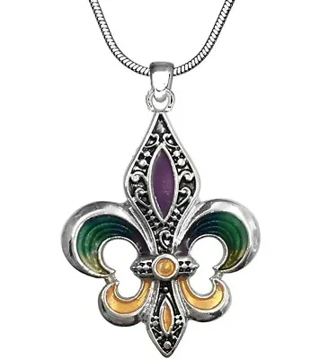 Mardi Gras Fleur De Lis Pendant Necklace 21  Chain Silver Tone With Gift Box • $12.95