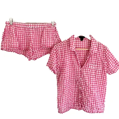 J.Crew Pink Gingham Print Pajama Set S Small Short Top PJs Lounge Comfort Summer • $29.99