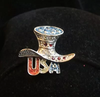 Vintage Silver Tone Red Clear Blue Rhinestones Uncle Sam Top Hat Pin Patriotic • $20