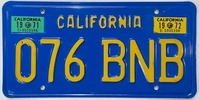 Vintage California Blue License Plate 076 BNB With 1971 1972 Expiration Stickers • $59.95