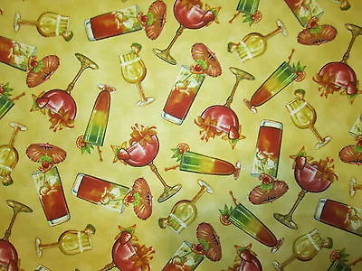 $6.75 • Buy Martini Cocktail Long Island Wine Glass Yellow Cotton Fabric BTHY