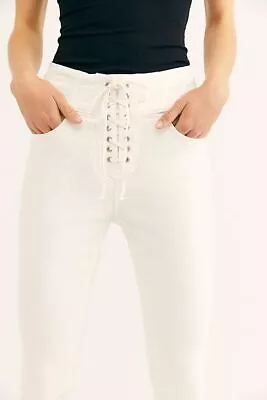 Free People Lace Up Skinny Jeans Size 33  White CRVY  High Rise W=36  IL=28.5  • £33