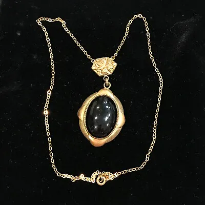 ANTQ Art Nouveau Black Gold Mourning 12k GF Pendant 2” Necklace VTG Chic 16” • $65