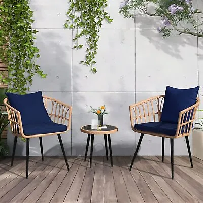 3 PCS Outdoor Patio Rattan Conversation Furniture Set W/ Table & Cushions • $169.99