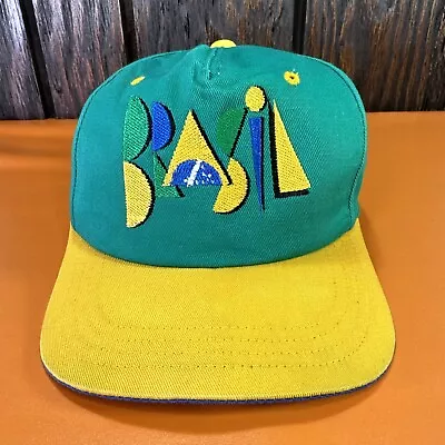 Vintage Brasil Hat Snapback Ball Cap Flag Brazil Green Yellow 80s 90s Blue Vtg • $10