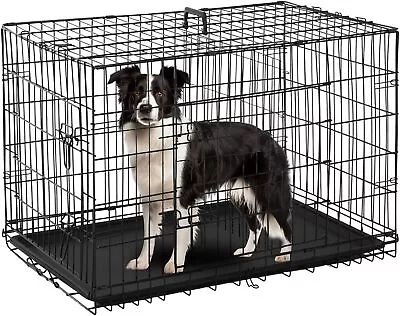 36  Dog Crate Kennel Folding Metal Pet Cage 2 Door With Tray Pan Black • $41.90