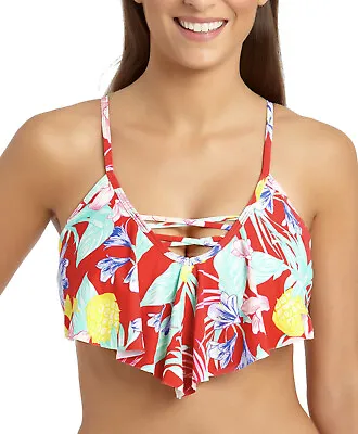 CALIFORNIA WAVES Juniors Tropic Flounce Bikini Top Sz Large Red Floral Swimwear • $13.99