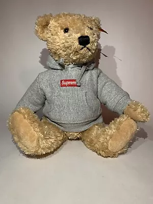 Steiff Teddy Bear Stuffed Plush With Gray Hoodie Red Supreme Logo • $449.99