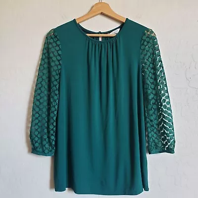 Boden Aurora Sheer Polka Dot Sleeve Jersey Knit Top Emerald Green Size Women's 8 • $29.39