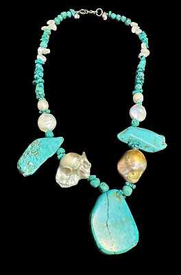 Turquoise Necklace Mabe And Baroque Pearl Sterling Silver Clasp Natural Gemstone • $180