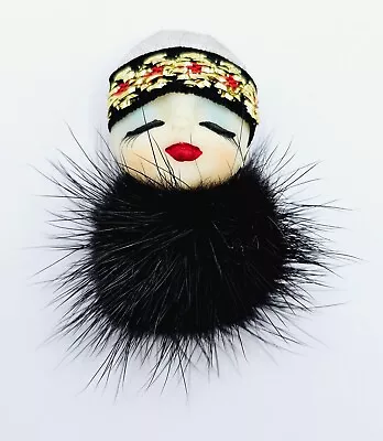 Vintage Hand Painted Porcelain Lady Fur Collar & Hat Brooch • $12