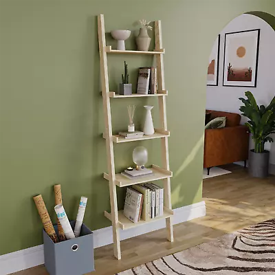 SALE 5 Tier Ladder Bookcase Leaning Display Shelf Unit Pine • £27.97