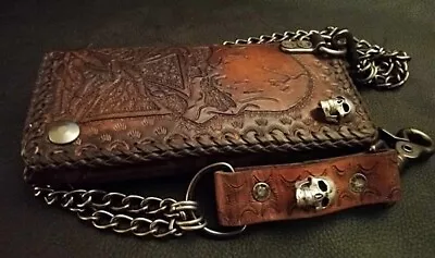 Wallet Custom Leather TOOLED Biker Trucker Skull Concho Kangaroo Lace Made In US • $165