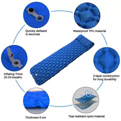 Blue Inflatable Camping Mattress Air Mat Sleeping Pad Hiking Roll Up Bed Mat • $22