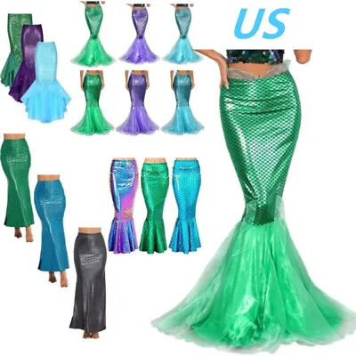 US Women's Shiny Mermaid Costume High Wais Fish Scale Skirt Mermaid Tail Skirt • $22.64