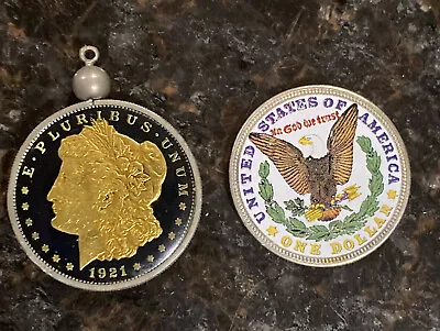 Two Colorized 1921 Silver Morgan Dollar. One With Bezel Can Be Used As Pendant. • $120