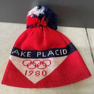 1980 Lake Placid USA Olympic Knit Winter Hat Ski Cap Beanie Pom Pom Red/blue • $27.88