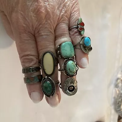 Lot Of 9 Vintage Handmade Native American Sterling Silver Rings Some Are Signed • $78