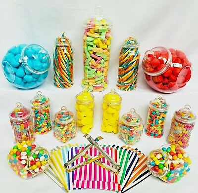 15 Plastic Sweet Jars 8 Styles 2 Tongs 100 Bags For Truly Sweet Candy Buffet • £21.99