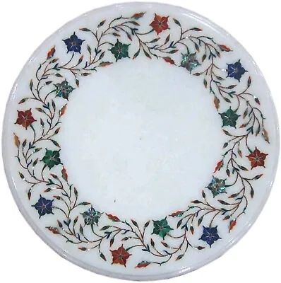 Round White Marble Coffee Table Top Gemstone Inlay Work Breakfast Table For Home • $263.50