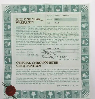 Vintage Rolex Warranty Guarantee Certificate Paper 79173 (Datejust) • $100