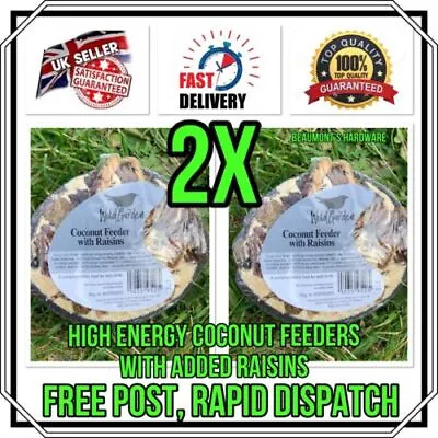 2x Premium Half Coconut Fat Feeder High Energy Wild Bird Feed Suet + Raisins • £6.99