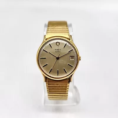 Timex Q Quartz Gold Tone Men's Watch M Cell Date 34mm New Battery Vintage Works • $24.99