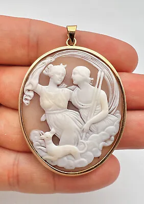 Antique Victorian 14k Gold Carved Man Women Dog Mythological Shell Cameo Pendant • $575