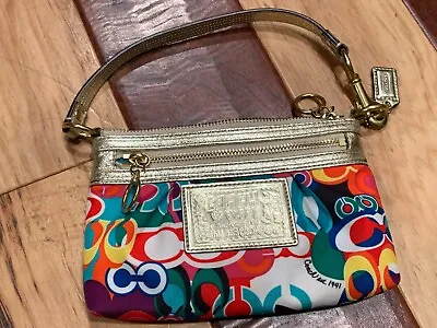 Coach Wristlet Poppy Glam Op Art Purse Clutch Gold Leather Fits Cell Phone Ln • $37.95