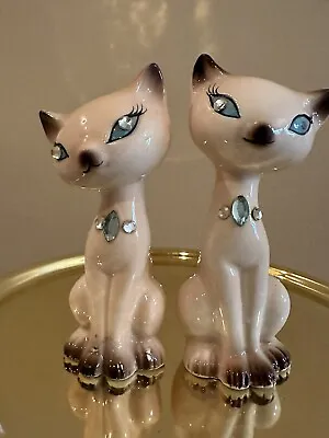 Vintage Enesco Siamese Cats Salt & Pepper JAPAN W/ Rhinestone Eyes & Collars • $34.99
