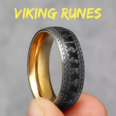 Sculpt Rings™ Black Viking Runes Stainless Steel Simple Punk Ring • £19.25