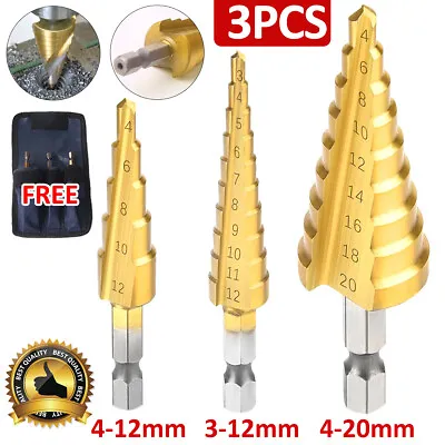 3PCS HSS Step Drill Bit Set Large Cone Titanium Bit Kit Metal Hole Cutter +Pouch • £6.99