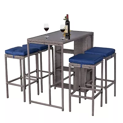 5-Piece Outdoor Wicker Bar Table Set Glass Tabletop 4 Stools With Cushions Gray • $200.10