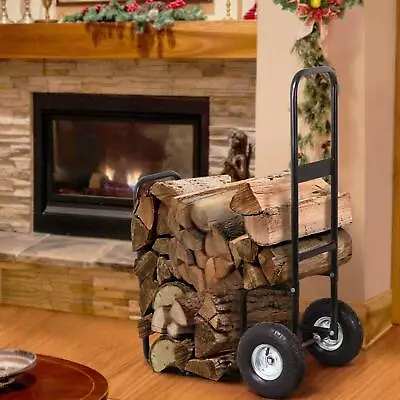 Firewood Log Carrier Fireplace Wood Rack Dolly Rolling Fire Storage Cart Black • $29.99