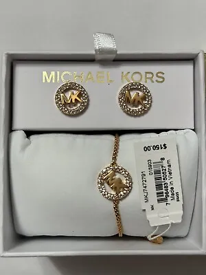 Nwt Michael Kors Gold-tone Pave' Slider Bracelet And Earring Set Msrp $150.00   • $70