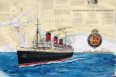 RMS Queen Mary Art Print Long Beach CA Ocean Liner Ship Cunard Wall Decor Gift • $349