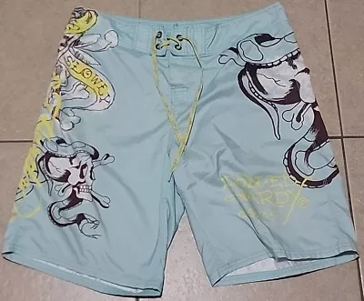 Ed Hardy Vintage Bathing Suit Swim Trunks Board Shorts Size 36 Blue Yellow • $35