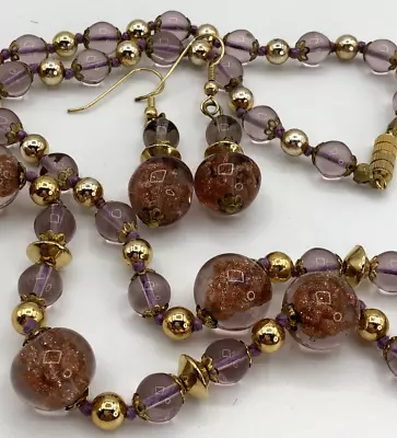 Vintage Lavender Sommerso Venetian Glass Pierced Earrings & Necklace Set • $64.23