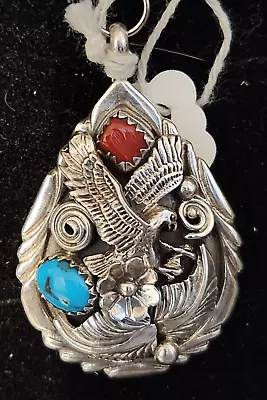 Vintage Navajo Turquoise & Coral Sterling Silver With Leaf & Flower Pendant • $84.95