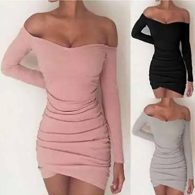 Womens Sexy Off Shoulder Bodycon Mini Dress Jumper Party Ball Cocktail Dress UK • £8.99