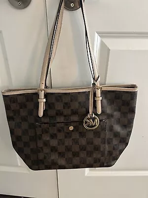 Michael Kors Checkerboard Logo Brown Signature Jet Set Travel Tote Bag Purse • $86