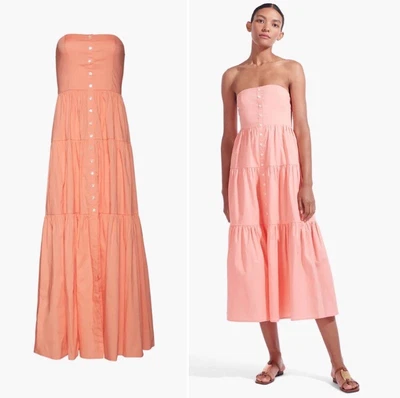 $89 • Buy NWT STAUD Strapless Midi Length Elroy Dress In Grapefruit Size XL Tiered Skirt