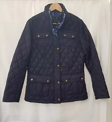 Barbour Quilted Jacket Navy Emma Fitted Multi Pocketed. Floral Trim. Size 14 • £42