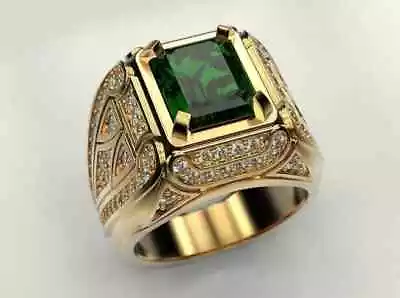 Emerald Cut Lab Created Green Emerald Men's Wedding Ring 14k Yellow Gold Plated • $189