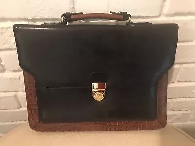 Belle Rose Black & Brown Leather Croc Print  Messenger Bag Laptop Briefcase Vtg • £23.74