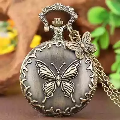 Vintage Cute Butterfly Pattern Necklace Chain Pocket Watch Gift Trendy Gifts New • $25.98