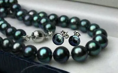 Natural Black Freshwater Cultured Pearl Necklace Earrings Set 14-48'' AAA • $53.99