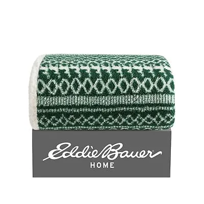 Eddie Bauer Alpine Fair Isle Sherpa Green & Ivory Throw Blanket-50X60 • $34.99