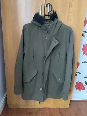 D-Struct Mens Gallo Woollen Blend Parka Coat Detachable Fur Trim Khaki S • £20