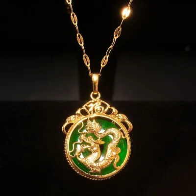 Green Jade Dragon Fengshui Lucky Wealth Protection Women Men Chain Necklace Gift • $9.80